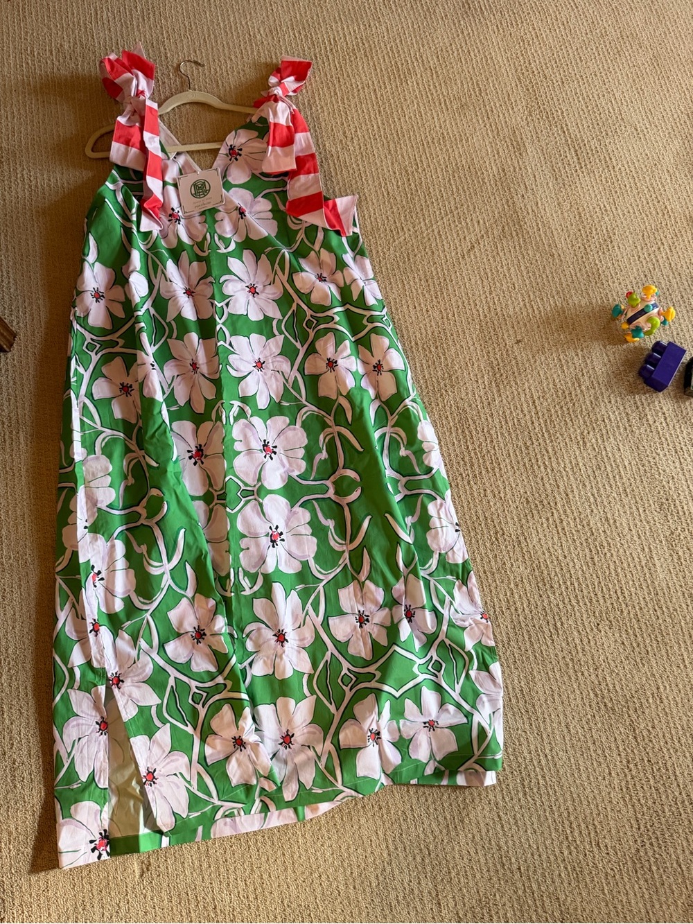 House of MBR Green Floral Tie-Shoulder Sundress with Pink Striped Ties size XXL